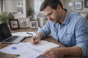 Middle-aged professional analyzing financial documents at home desk