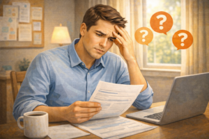Frustrated individual reviewing documents, concerned about claim rejection