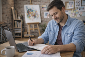 Self-employed professional working in a creative home office