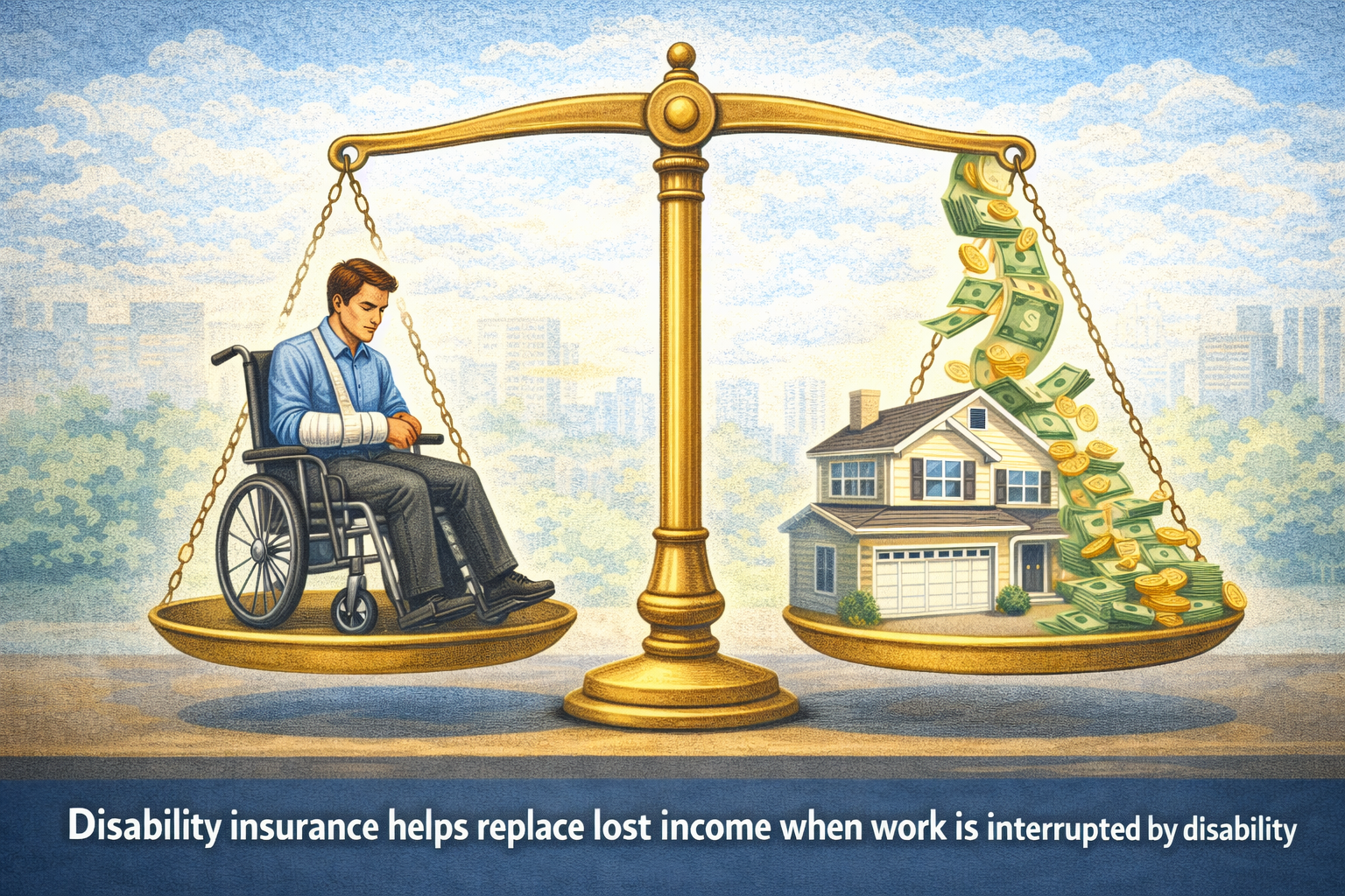 Visual representation of disability insurance replacing lost income during periods of disability.