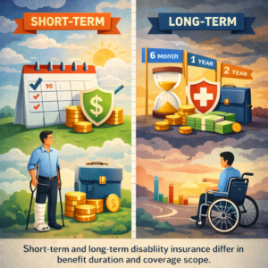 Illustration comparing short-term and long-term disability insurance coverage durations.