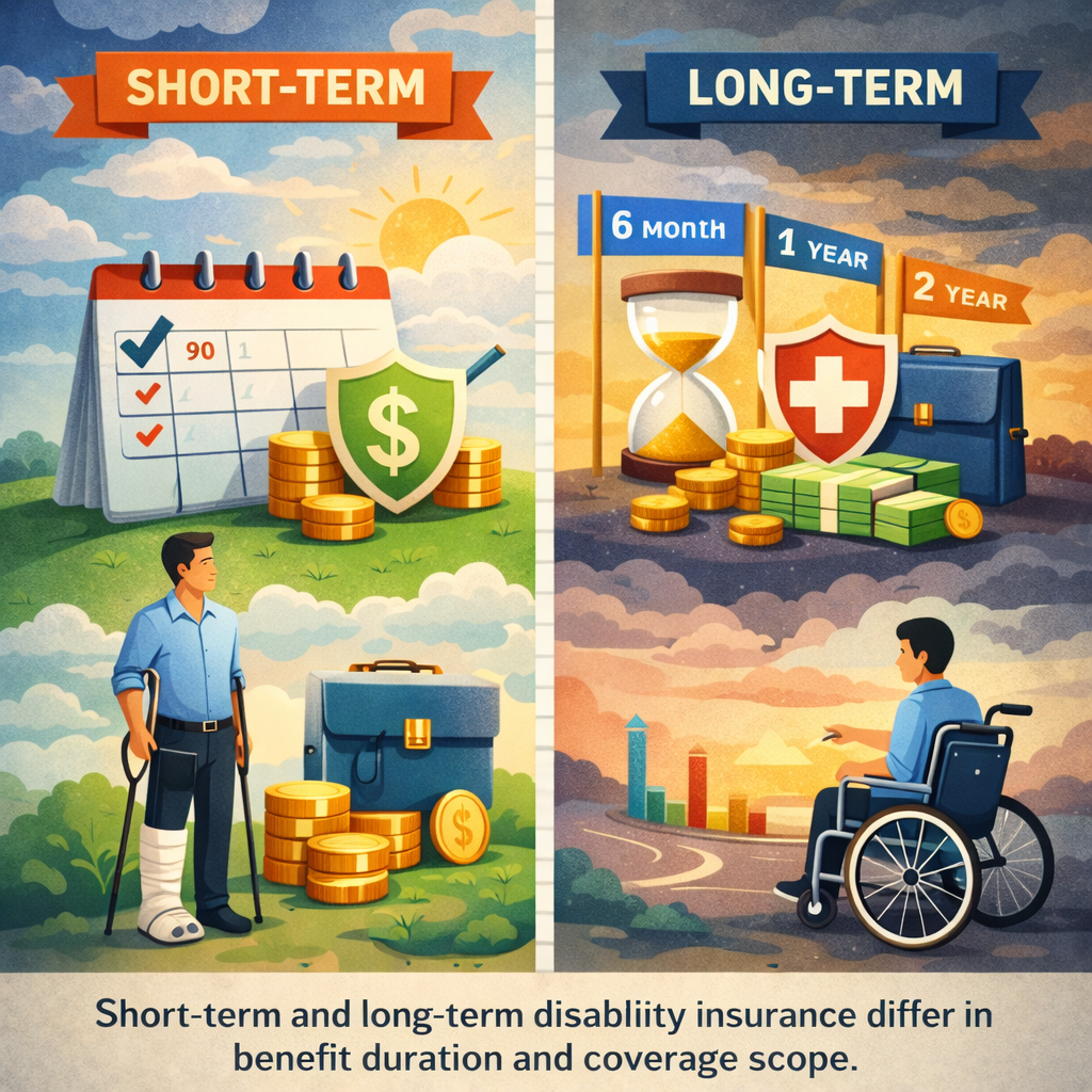 Illustration comparing short-term and long-term disability insurance coverage durations.