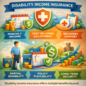 Visual explanation of disability income insurance benefits and policy features.