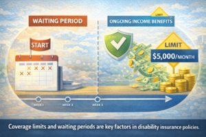 Illustration showing disability insurance waiting periods and coverage limits.